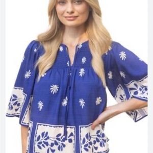 Chic Blue Floral print Smocked Tops Blouse with White Accents